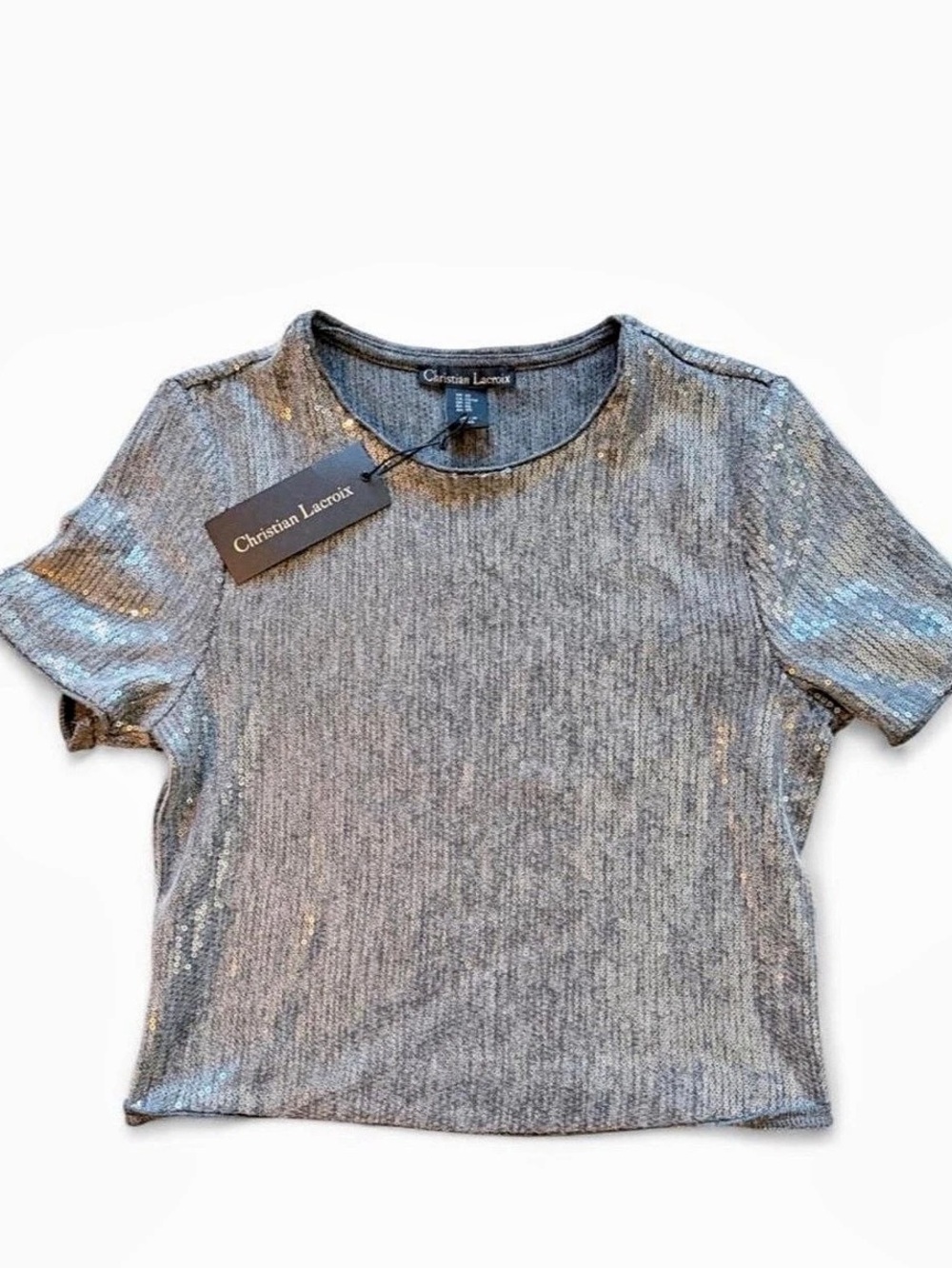 Christian Lacroix Sequin Short Sleeve Top in Silver Size XS NWT